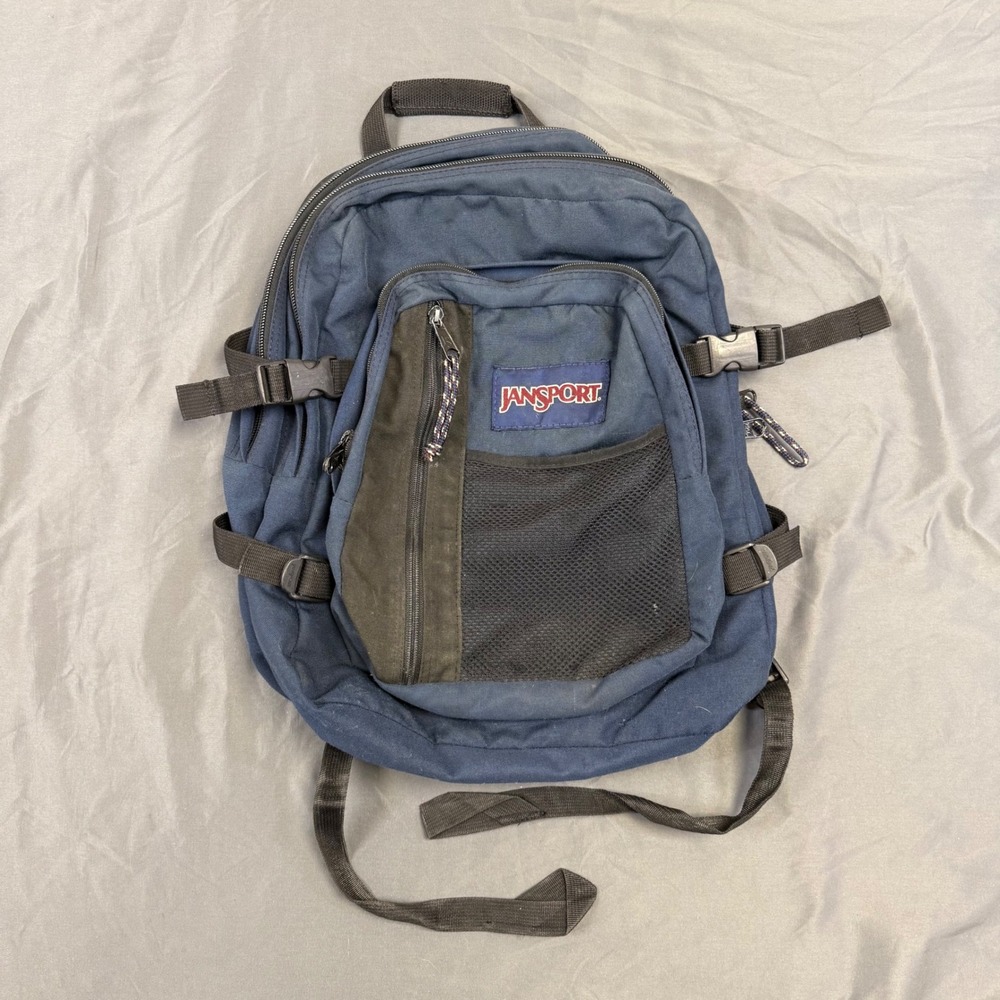 JanSport Backpack Navy Blue Canvas Multi Compartment Compression Straps Vintage
